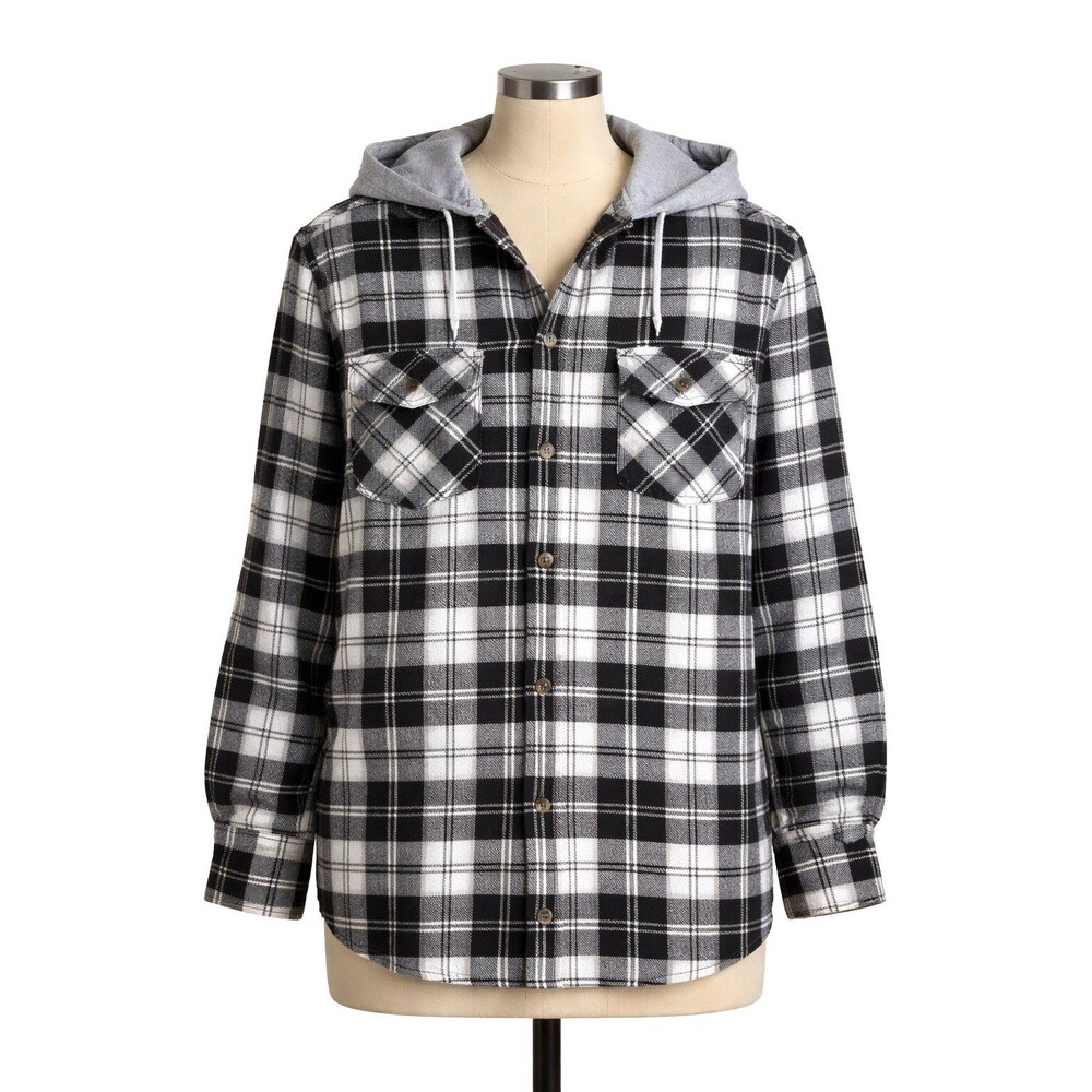 Y2K Style Mountain Expeditions Men’s Flannel Shirt L Black WT Gray Plaid Hooded